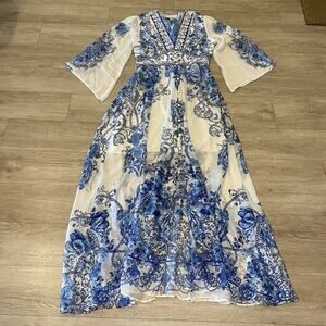 Maxi Dress Floral Blue White Womens 42 Boho Concert Flowy Fairy Whimsical